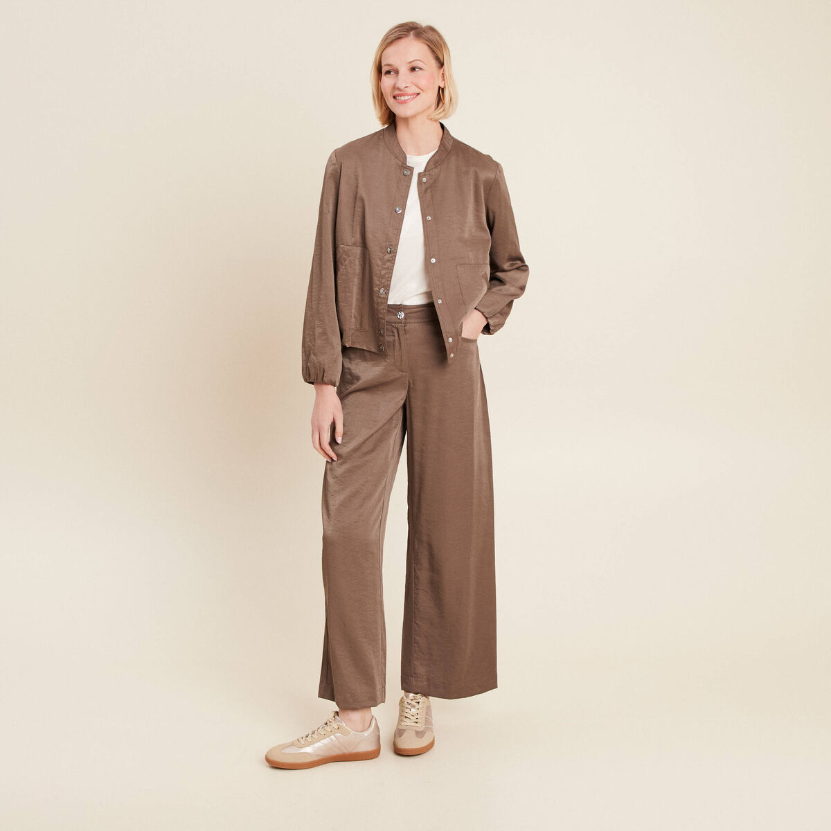 Blouson boutonné satin taupe femme