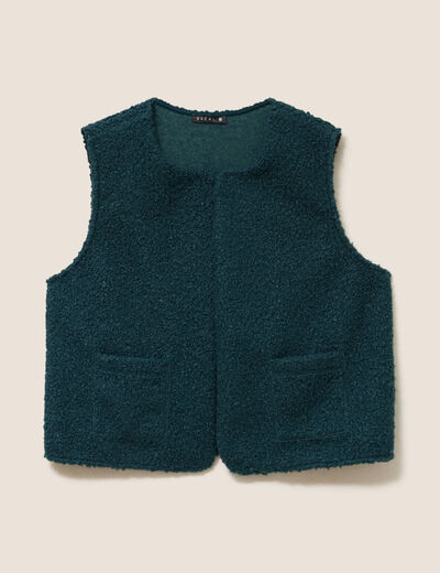 Gilet sans manches bouclette poches vert fonc&eacute; femme