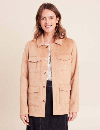 Veste droite longue aspect daim marron clair femme