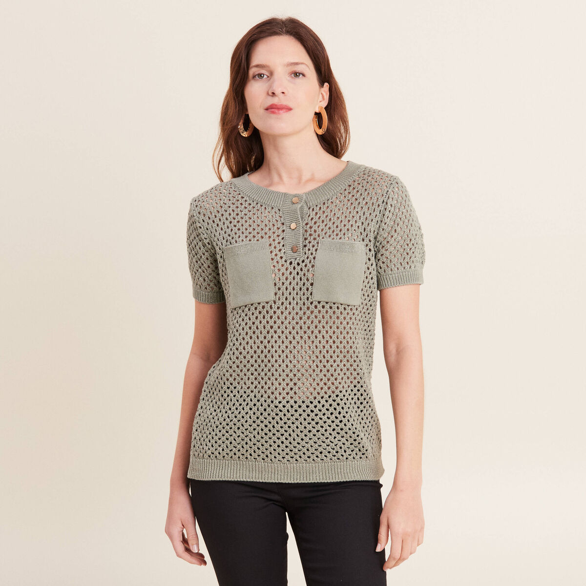 Pull manches courtes ajouré vert clair femme