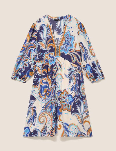 Robe courte &eacute;vas&eacute;e col v manches 3/4 bleu femme