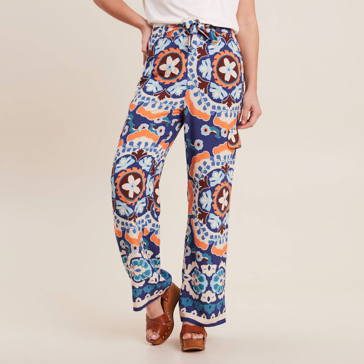 Pantalon large fluide bleu femme