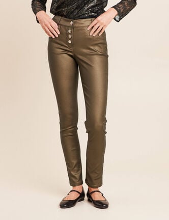 Pantalon ajust&eacute; taille bascul&eacute;e enduit vert kaki femme