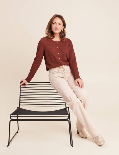 Pantalon taille haute coupe droite denim beige femme