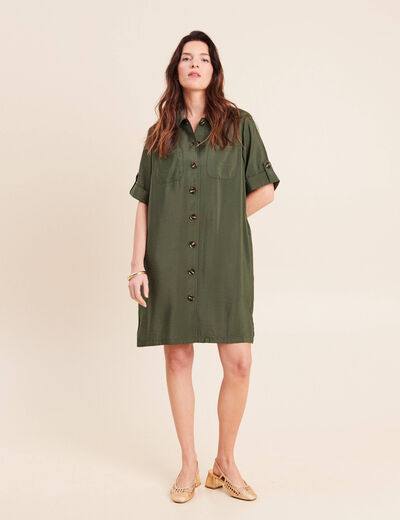 Robe droite courte col chemise vert kaki femme