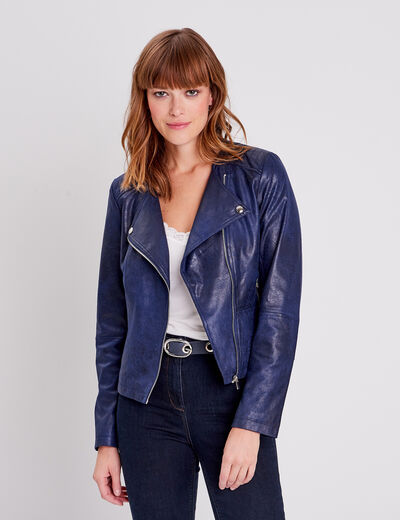 Veste droite zippée bleu foncé femme