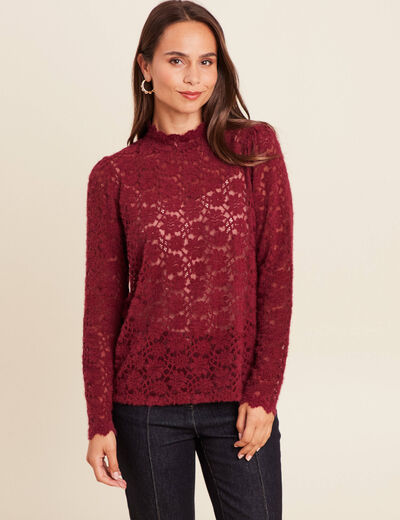 T-shirt cintr&eacute; col montant dentelle bordeaux femme