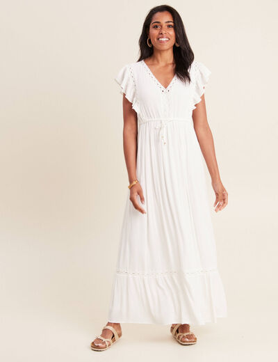 Robe longue évasée à volants ecru femme