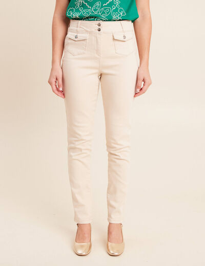 Jean ajust&eacute; taille haute longue ivoire femme