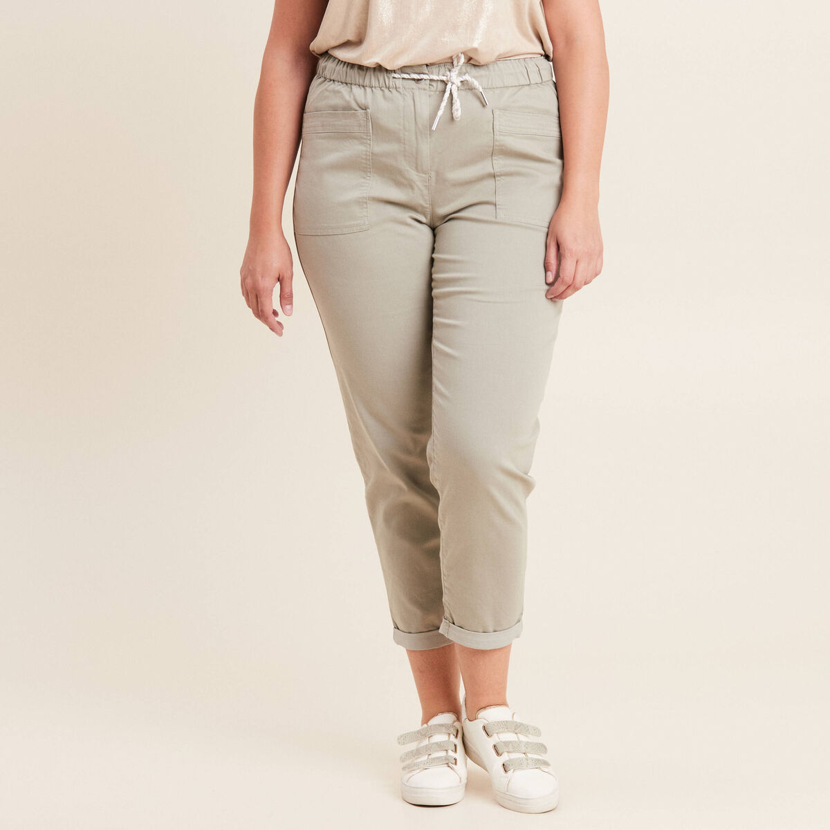 Pantalon coupe droite à coulisse vert clair femme