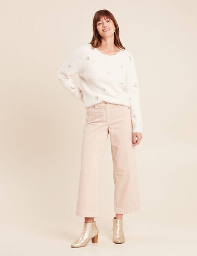 Pull brod&eacute; manches longues ecru femme
