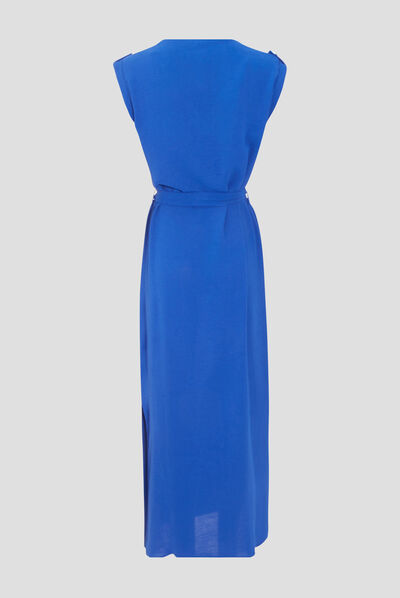 Robe longue droite ceinturée bleu electrique femme