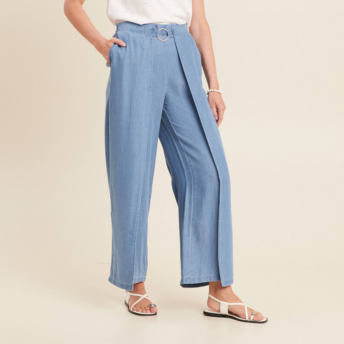 Pantalon large avec pans denim double stone femme