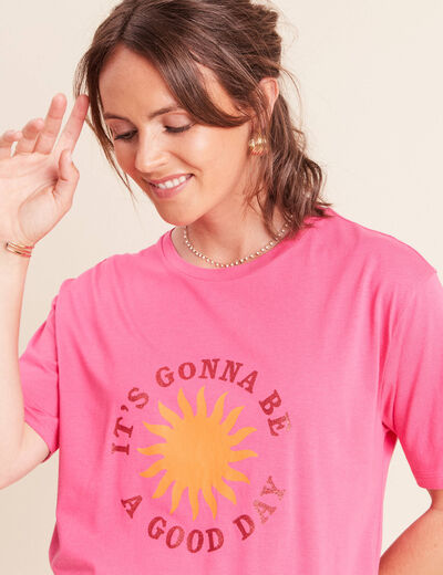 T-shirt col rond manches courtes rose fushia femme