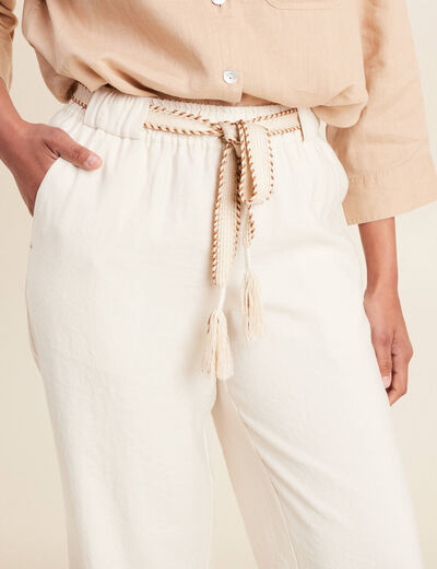 Pantalon large fluide ceinturé ivoire femme