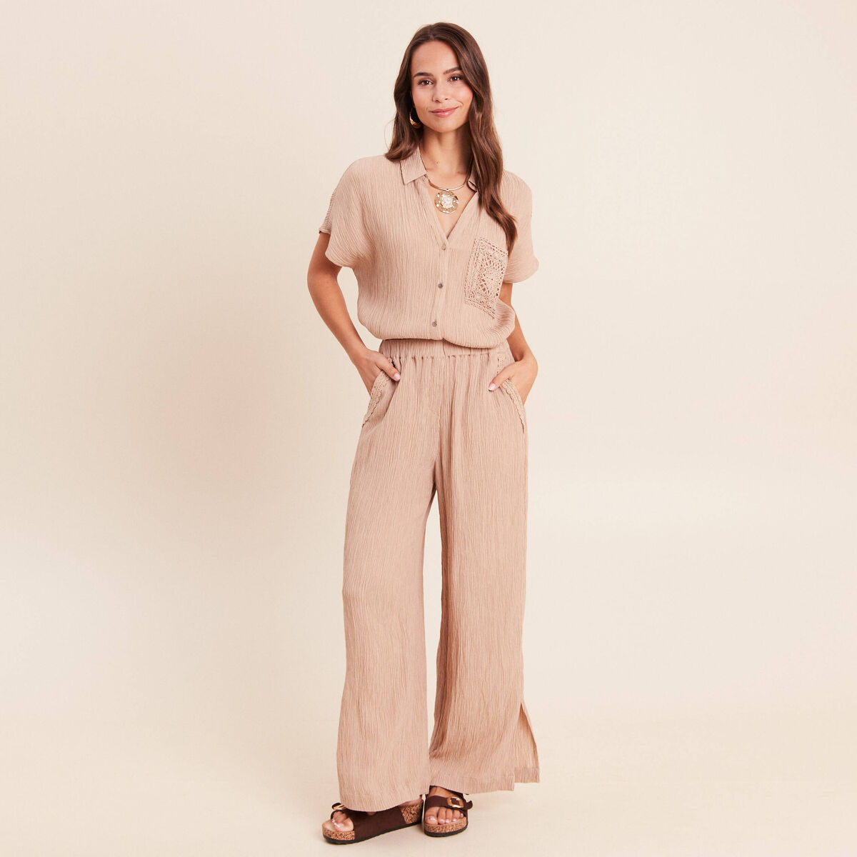 Chemise ample courte manches courtes sable femme