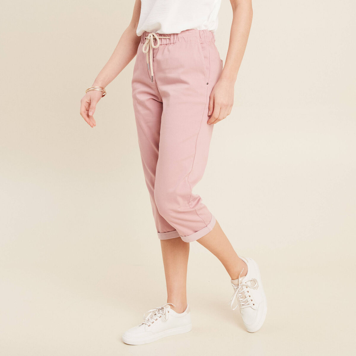 Pantacourt large taille haute rose pastel femme
