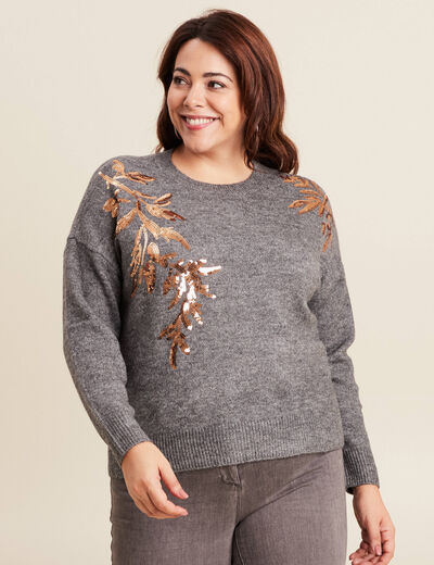 Pull manches longues sequins gris foncé femme
