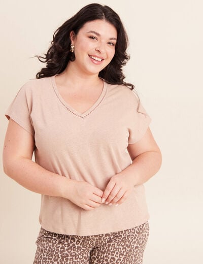 T-shirt col v manches courtes aspect lin sable femme