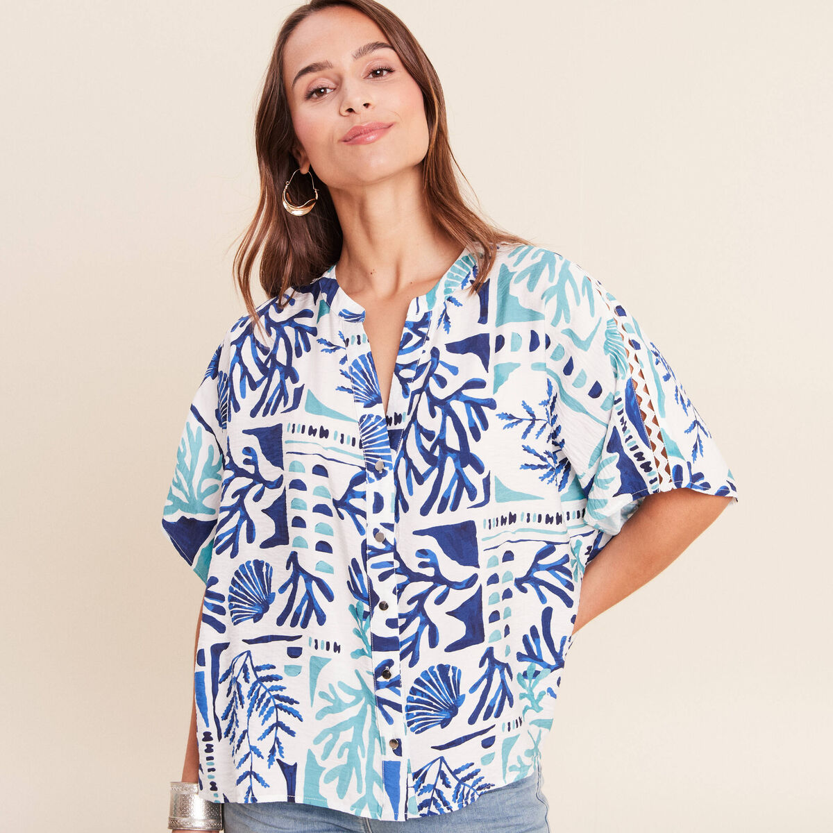 Chemise ample manches courtes fluide bleu femme
