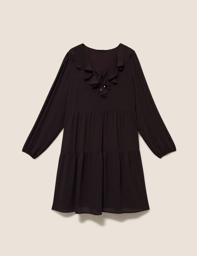 Robe courte &eacute;vas&eacute;e col v manches longues marron fonc&eacute; femme
