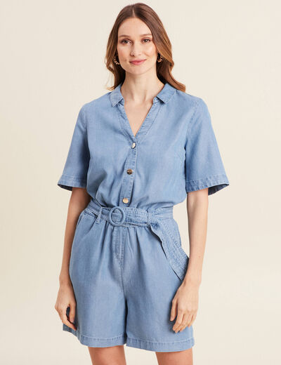 Combishort ceinturée denim double stone femme