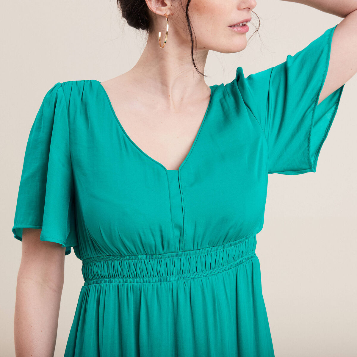 Robe longue évasée satin bleu turquoise femme
