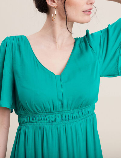Robe longue évasée satin bleu turquoise femme