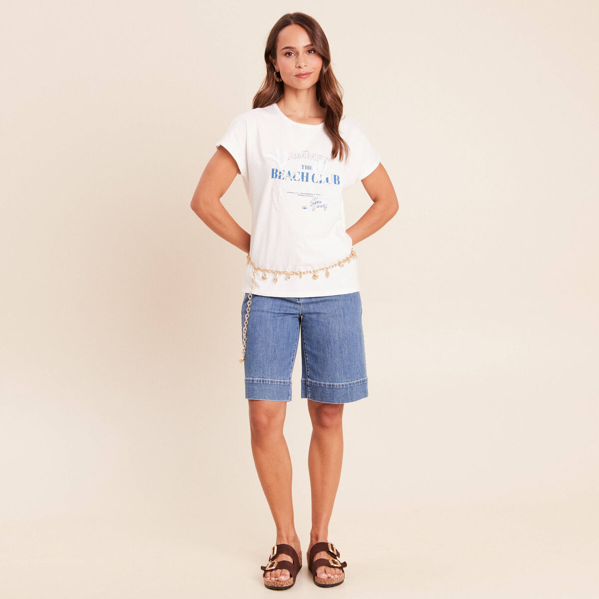 T-shirt col rond manches courtes brod&eacute; ecru femme
