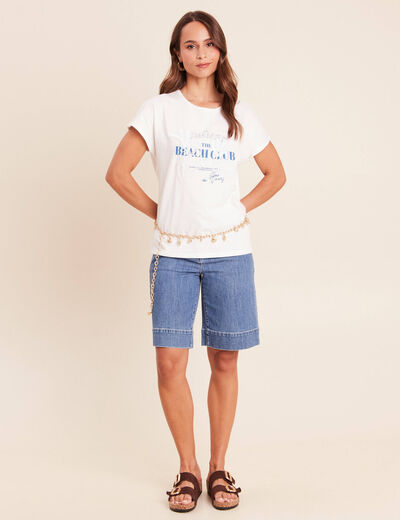 T-shirt col rond manches courtes brod&eacute; ecru femme