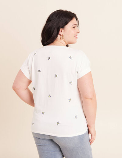 T-shirt col v broderie manches courtes ecru femme