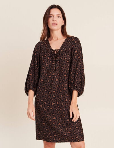 Robe courte &eacute;vas&eacute;e col v manches 3/4 marron femme