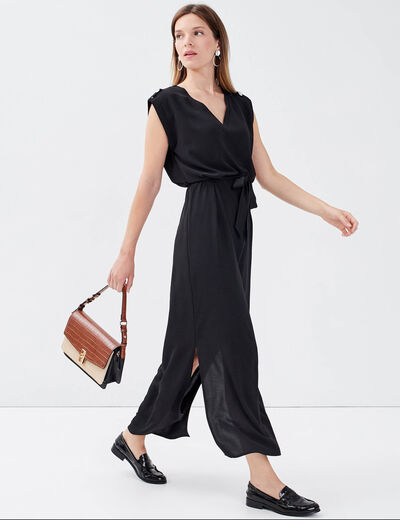 Robe longue droite ceinturée noir femme