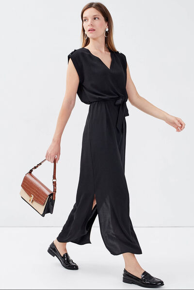 Robe longue droite ceinturée noir femme