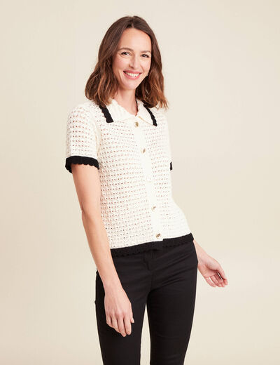 Pull droit court manches courtes ecru femme