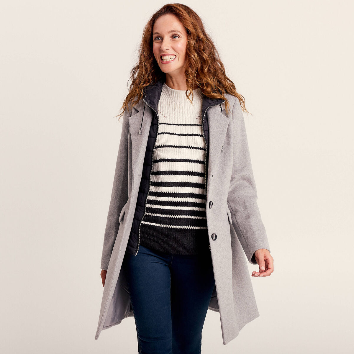 Manteau 2 en 1 droit &agrave; capuche gris clair femme