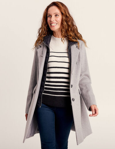 Manteau 2 en 1 droit &agrave; capuche gris clair femme