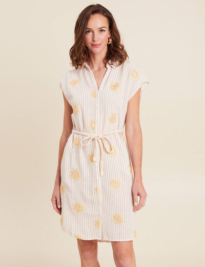Robe courte évasée col chemise ceinturée rose femme
