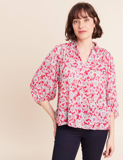 Blouse ample col chemise manches 3/4 rose femme