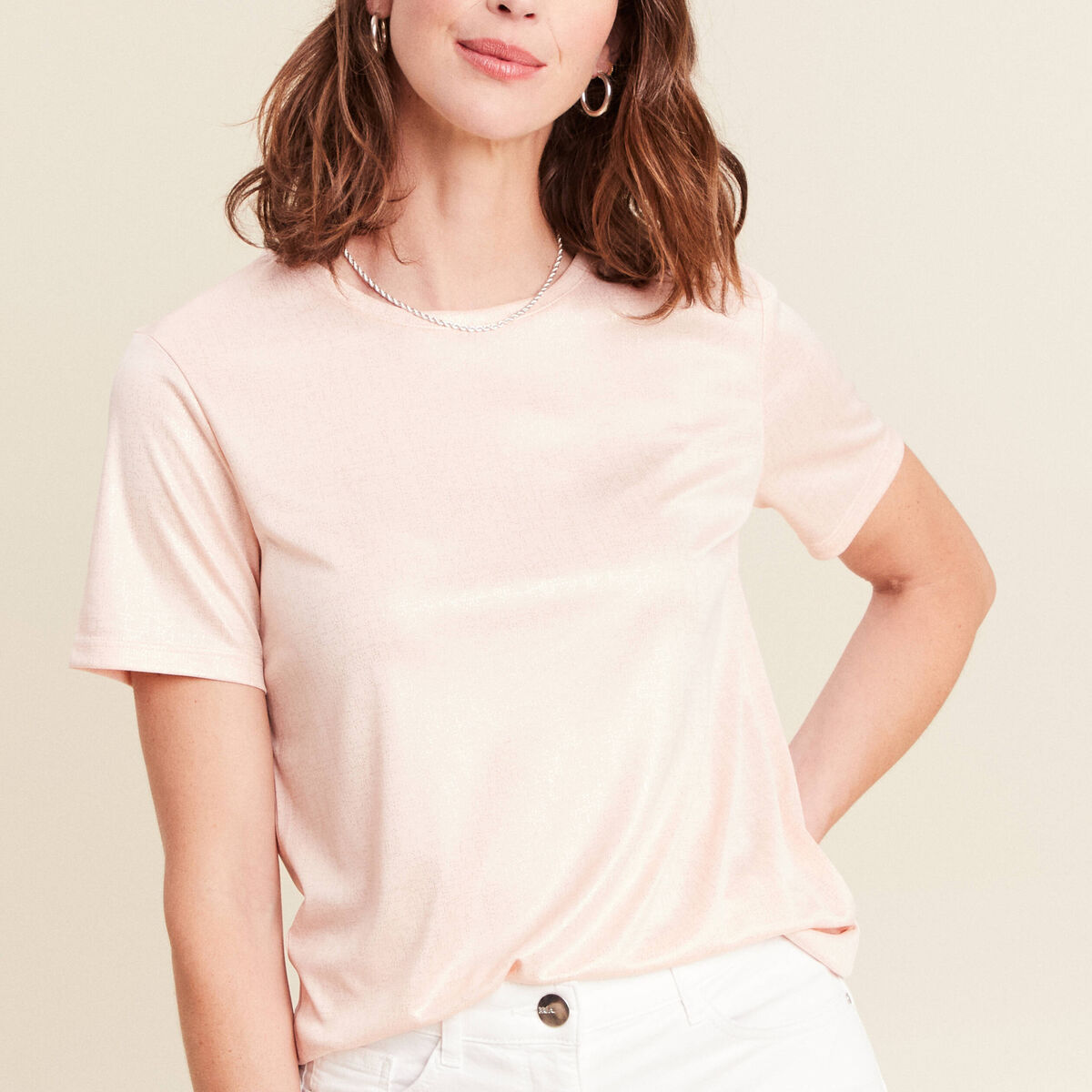 t-shirt droit court satiné col rond vieux rose femme