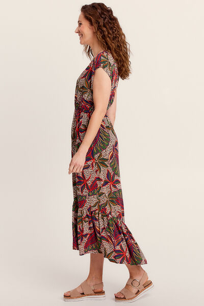 Robe longue évasée col en V multicolore femme