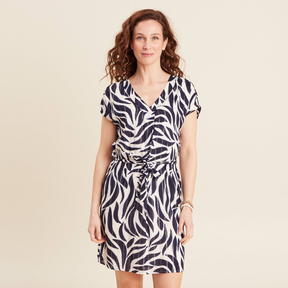 Robe droite fluide col en V bleu foncé femme
