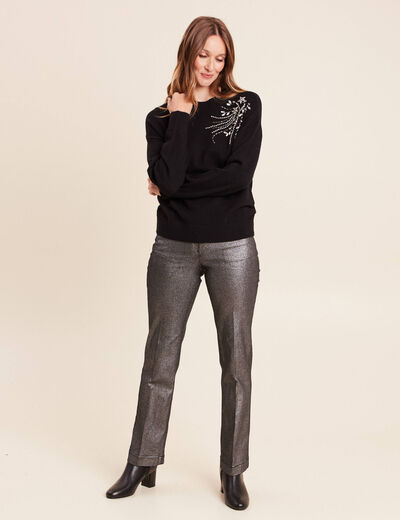 Pull col montant manches longues strass noir femme