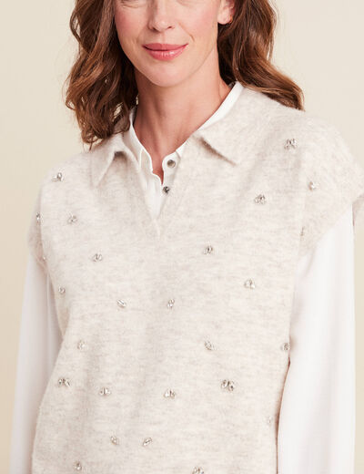 Pull sans manches col chemise beige femme