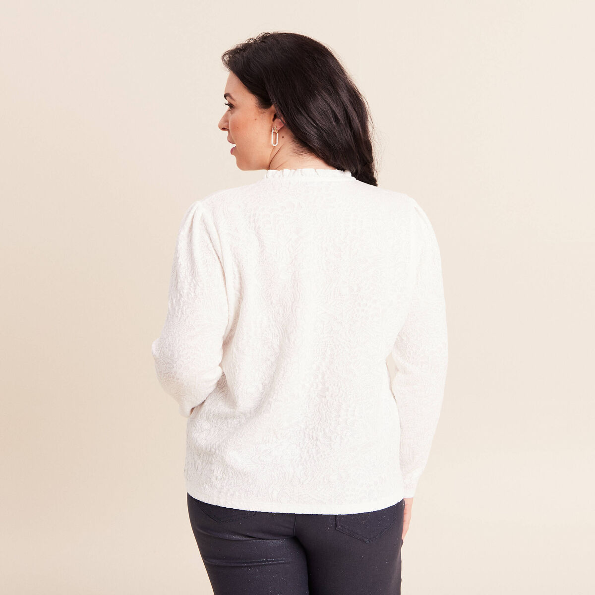 Blouse col rond nou&eacute; manches longues ecru femme