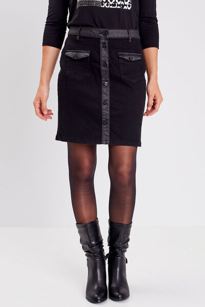 Jupe droite boutonnée noir femme