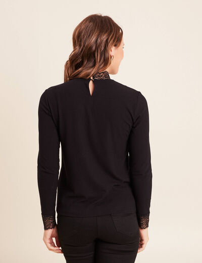 T-shirt cintr&eacute; col montant dentelle noir femme