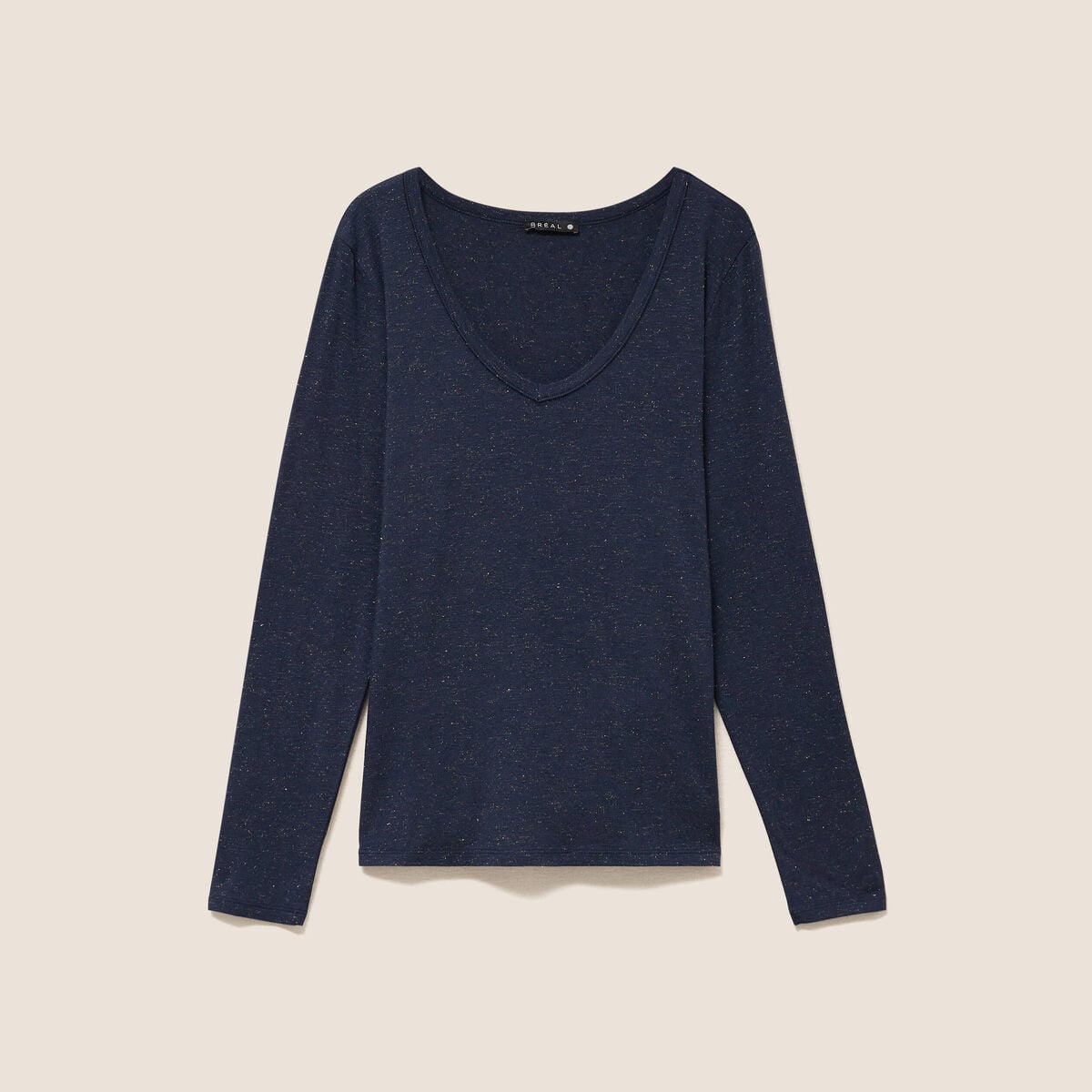T-shirt ajust&eacute; col v manches longues bleu marine femme