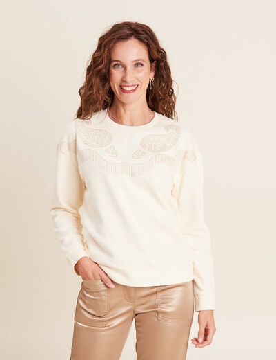 T-shirt manches longues strass ecru femme