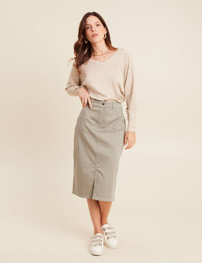 Jupe trapèze réversible longueur genou vert olive femme
